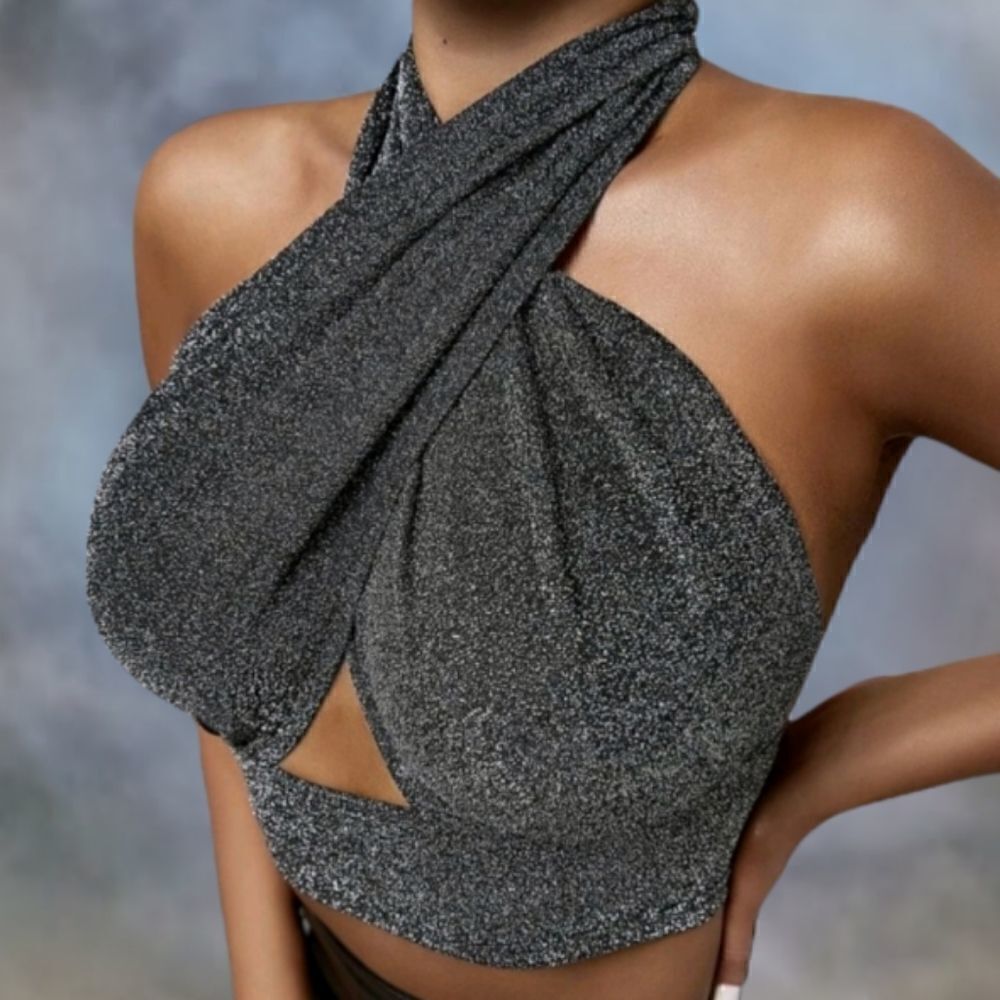 Metallic Gray Crisscross Cropped Halter Top
